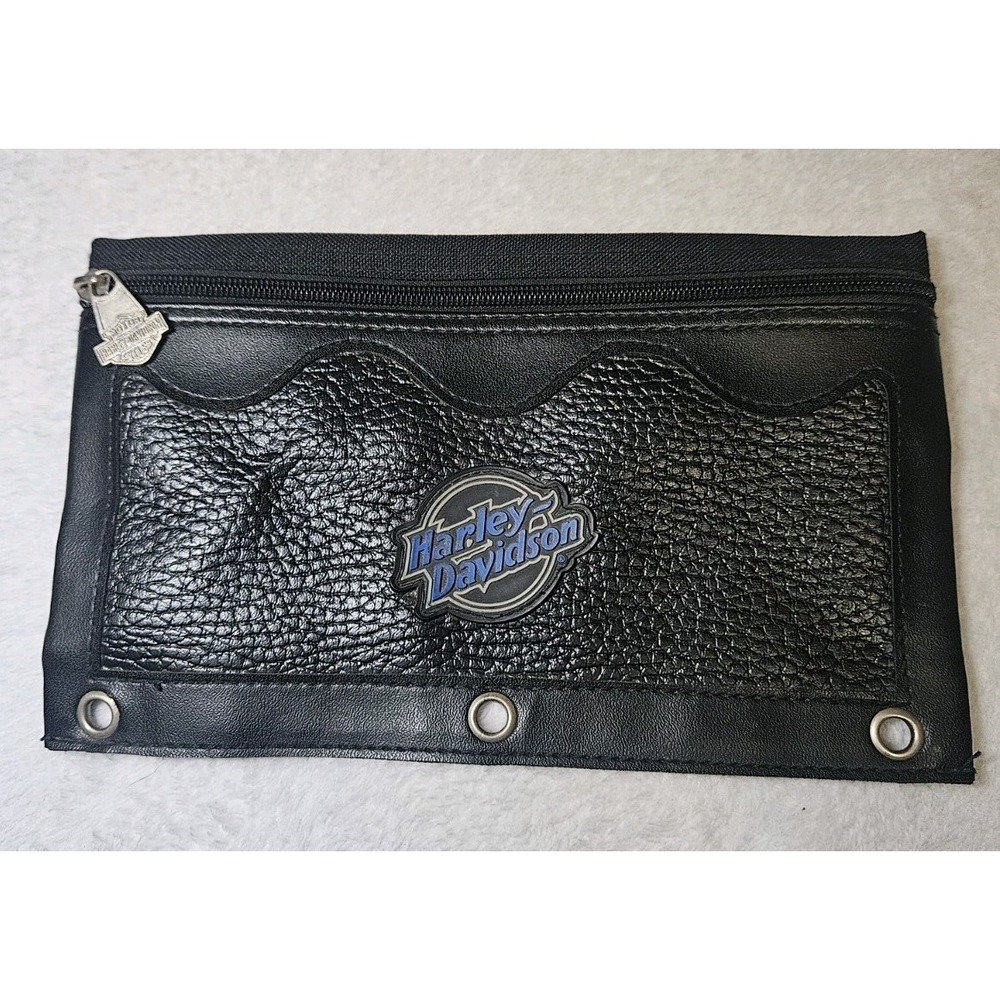 Harley Davidson Zipper Pouch 3 Ring Binder Pencil Case Black Faux Leather Logo